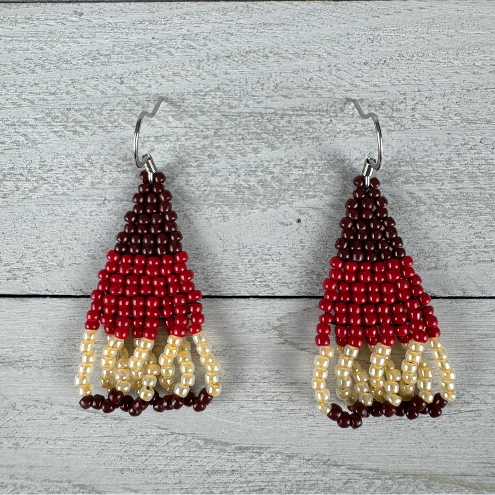 Handmade Jewelry Beaded Earrings Red Brown Luster Cream Interlocked Fringe